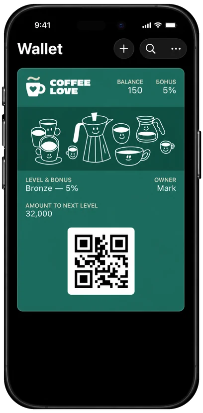 A coffee-shop loyalty card open in Apple Wallet: balance 150, Bronze level with 5% bonus, and a QR code the cashier scans.