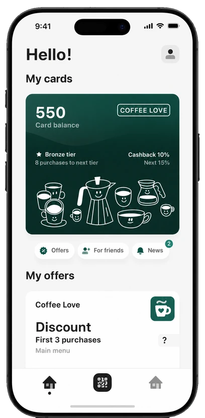 The SWiP Wallet app: the guest's loyalty card with a 550 balance and Bronze level, then a list of the promos available to them.